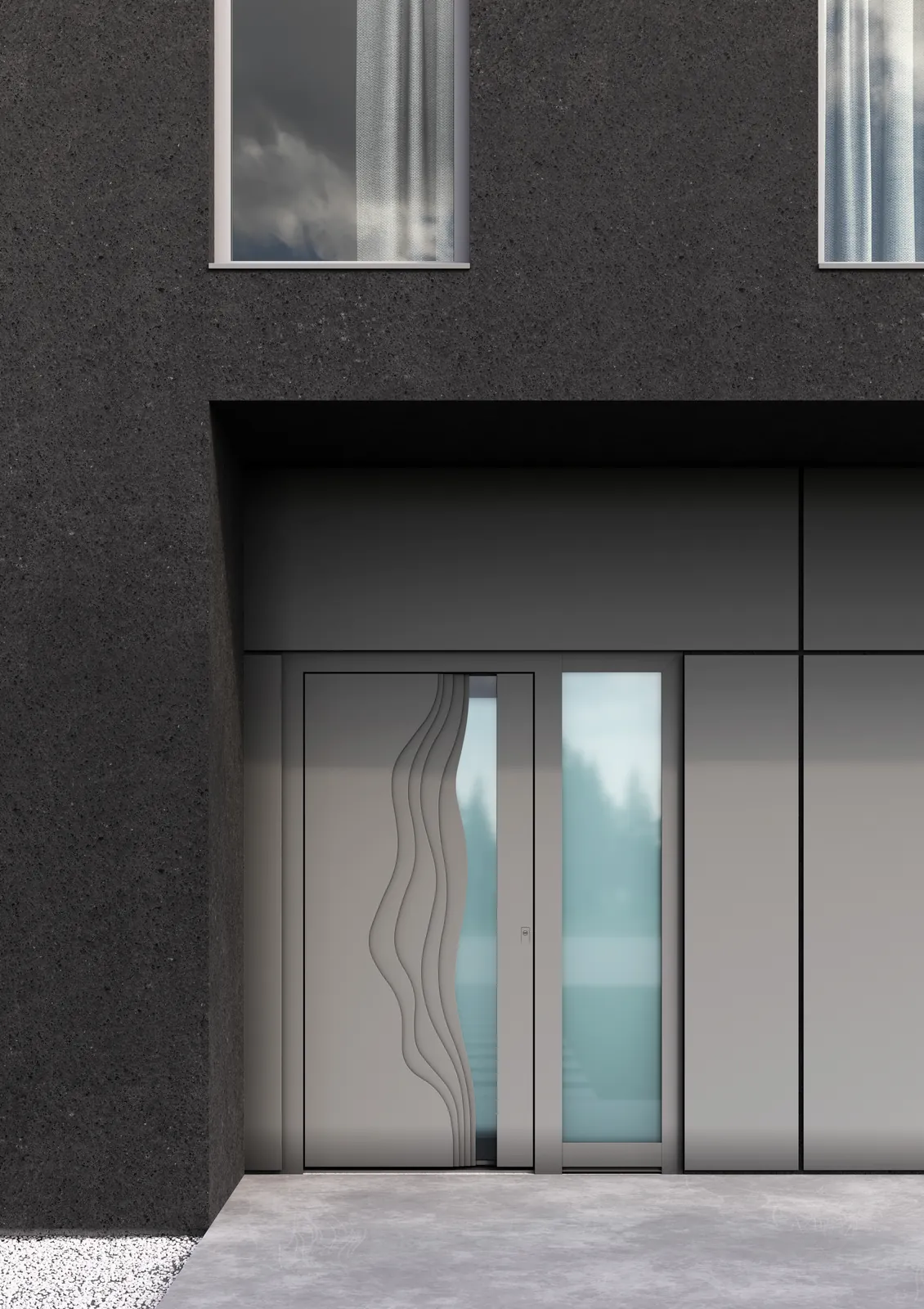 ADORO Terra an einem modernen Haus mit dunkler Fassade, Visualisierung